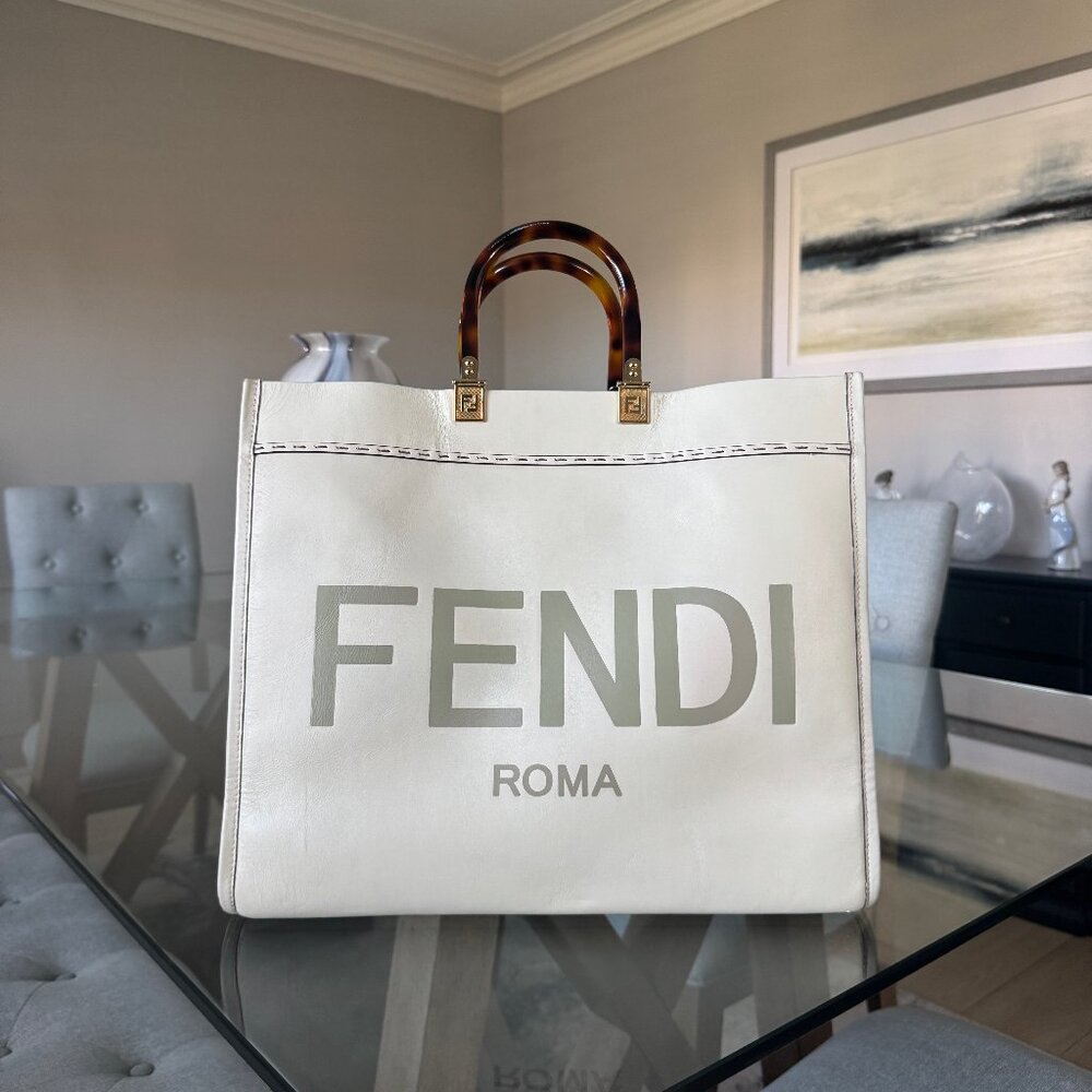 FENDI LEATHER Sunshine Tote White Medium